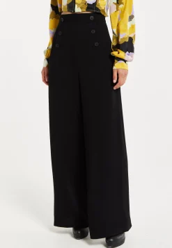 Women's Trousers - High Waist Black Wide Leg Pants with Front Buttons and Pockets, Fits Small to Size, Liquorish