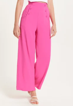 Women's Trousers - High Waist Pink Wide Leg with Front Buttons & Pockets, Zip-Side Fastening, Liquorish