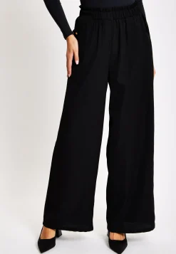 Women's Trousers - High Waist Black Wide Leg with Front Pockets, Elasticated Waist, Regular Fit - Liquorish