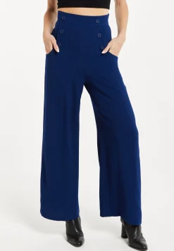 Women's Trousers - High Waist Navy Wide Leg with Front Buttons & Zip-Side Fastening, Liquorish