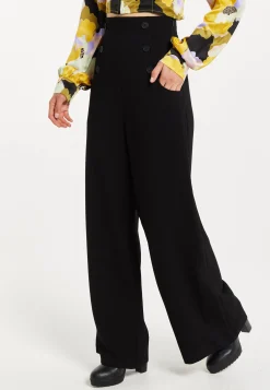 Women's Trousers - High Waist Black Wide Leg Pants with Front Buttons and Pockets, Fits Small to Size, Liquorish