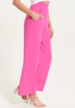Women's Trousers - High Waist Pink Wide Leg with Front Buttons & Pockets, Zip-Side Fastening, Liquorish