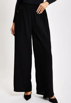Women's Trousers - High Waist Black Wide Leg with Front Pockets, Elasticated Waist, Regular Fit - Liquorish