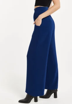 Women's Trousers - High Waist Navy Wide Leg with Front Buttons & Zip-Side Fastening, Liquorish
