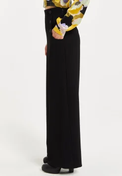 Women's Trousers - High Waist Black Wide Leg Pants with Front Buttons and Pockets, Fits Small to Size, Liquorish