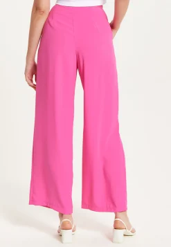 Women's Trousers - High Waist Pink Wide Leg with Front Buttons & Pockets, Zip-Side Fastening, Liquorish