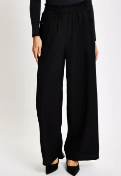Women's Trousers - High Waist Black Wide Leg with Front Pockets, Elasticated Waist, Regular Fit - Liquorish