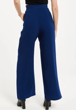 Women's Trousers - High Waist Navy Wide Leg with Front Buttons & Zip-Side Fastening, Liquorish