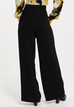 Women's Trousers - High Waist Black Wide Leg Pants with Front Buttons and Pockets, Fits Small to Size, Liquorish