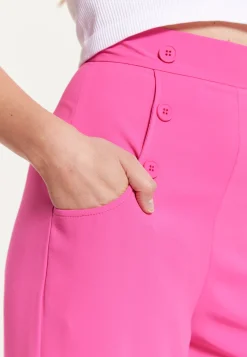 Women's Trousers - High Waist Pink Wide Leg with Front Buttons & Pockets, Zip-Side Fastening, Liquorish