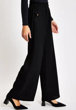 Women's Trousers - High Waist Black Wide Leg with Front Pockets, Elasticated Waist, Regular Fit - Liquorish