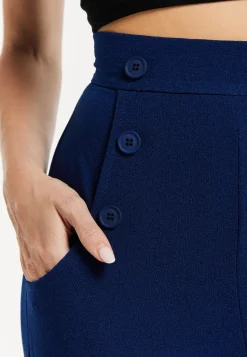 Women's Trousers - High Waist Navy Wide Leg with Front Buttons & Zip-Side Fastening, Liquorish