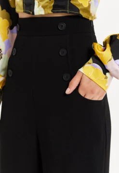 Women's Trousers - High Waist Black Wide Leg Pants with Front Buttons and Pockets, Fits Small to Size, Liquorish
