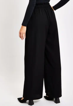 Women's Trousers - High Waist Black Wide Leg with Front Pockets, Elasticated Waist, Regular Fit - Liquorish