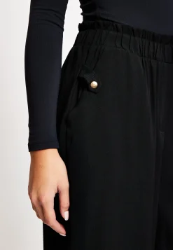 Women's Trousers - High Waist Black Wide Leg with Front Pockets, Elasticated Waist, Regular Fit - Liquorish