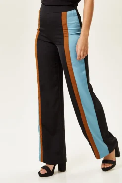 Women's Trousers - Navy and Blue Colour Block Wide Leg, High Rise, Regular Fit, Side Zip - Liquorish