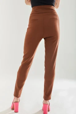 Women's Trousers - Plain Brown Skinny Fit Ankle Length with Zip Closure - Liquorish