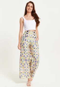 Women's Trousers - Retro Shiny High Waist Wide Leg with Front Buttons, Zip-Side Fastening, and Pockets - Liquorish