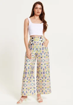 Women's Trousers - Retro Shiny High Waist Wide Leg with Front Buttons, Zip-Side Fastening, and Pockets - Liquorish