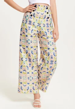 Women's Trousers - Retro Shiny High Waist Wide Leg with Front Buttons, Zip-Side Fastening, and Pockets - Liquorish