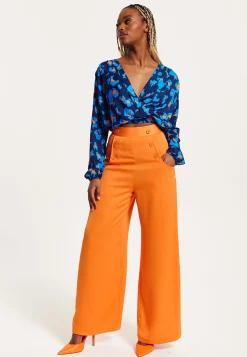 Women's Trousers High Waist Orange Wide Leg with Front Buttons and Pockets, Zip-Side Fastening, Liquorish
