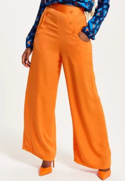 Women's Trousers High Waist Orange Wide Leg with Front Buttons and Pockets, Zip-Side Fastening, Liquorish