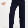 Women's Trousers: High-Waisted Dark Navy Wide-Leg Jeans with Deep Front Pockets, Clean Stitching - Liquorish