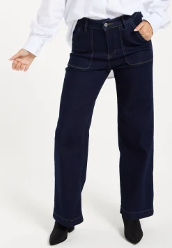 Women's Trousers: High-Waisted Dark Navy Wide-Leg Jeans with Deep Front Pockets, Clean Stitching - Liquorish
