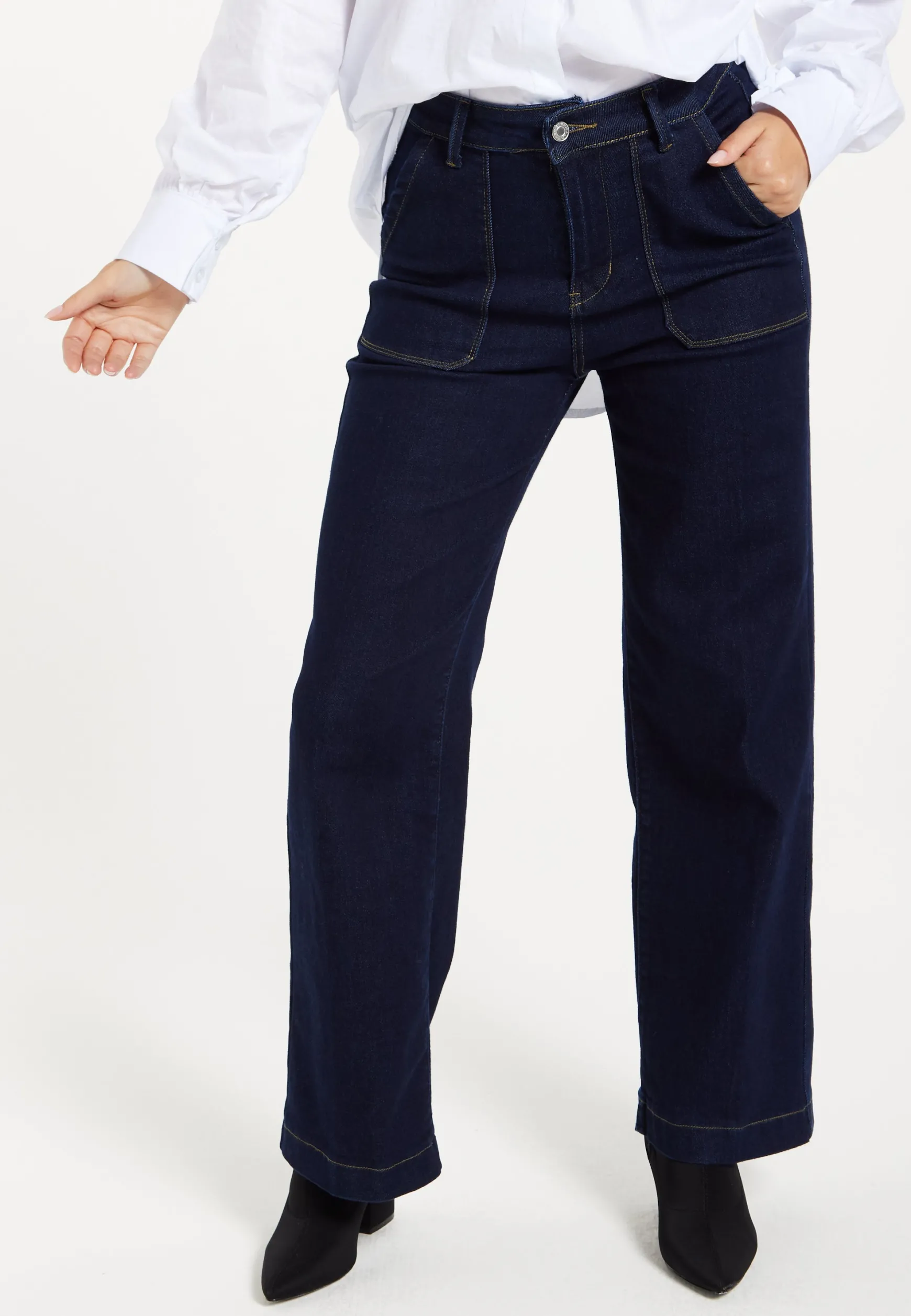 Women's Trousers: High-Waisted Dark Navy Wide-Leg Jeans with Deep Front Pockets, Clean Stitching - Liquorish