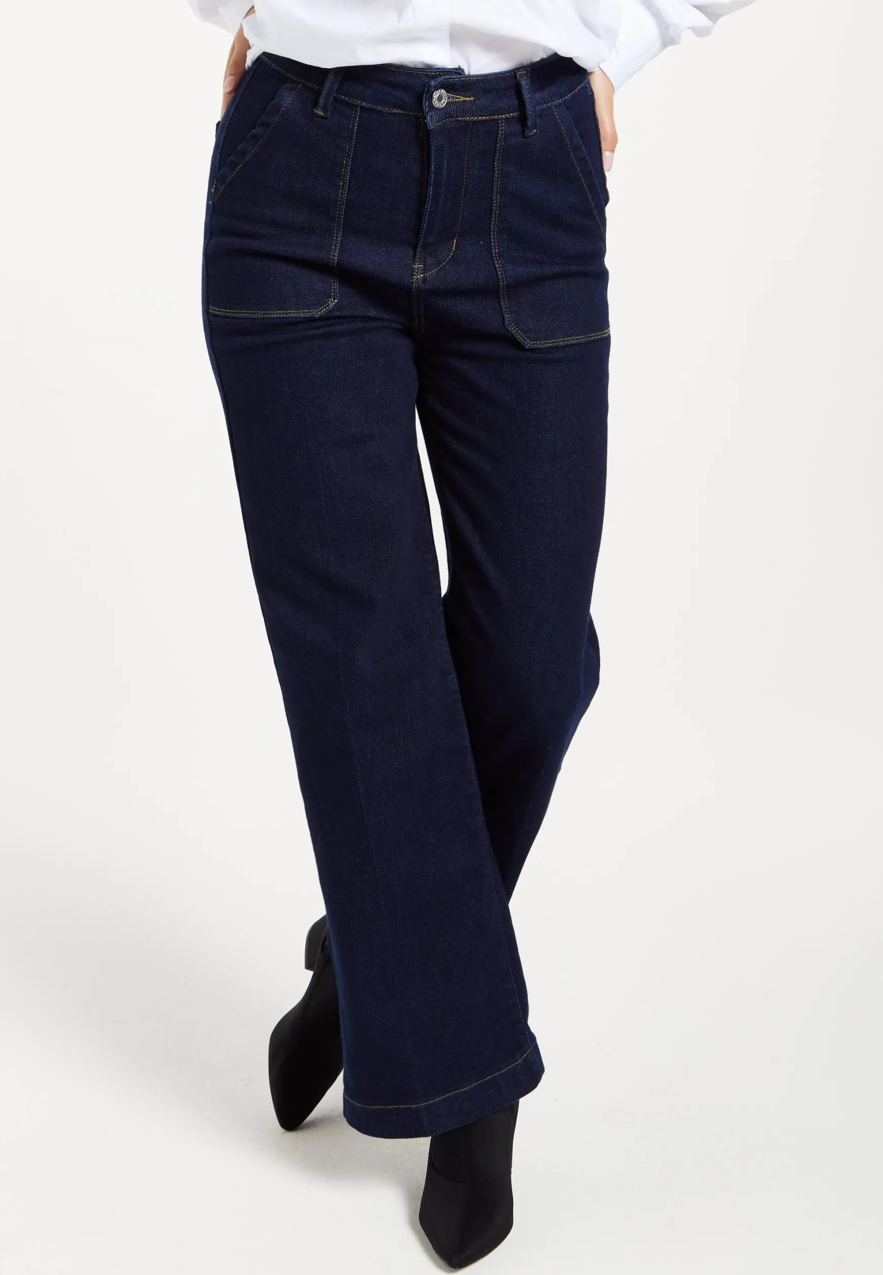 Women's Trousers: High-Waisted Dark Navy Wide-Leg Jeans with Deep Front Pockets, Clean Stitching - Liquorish