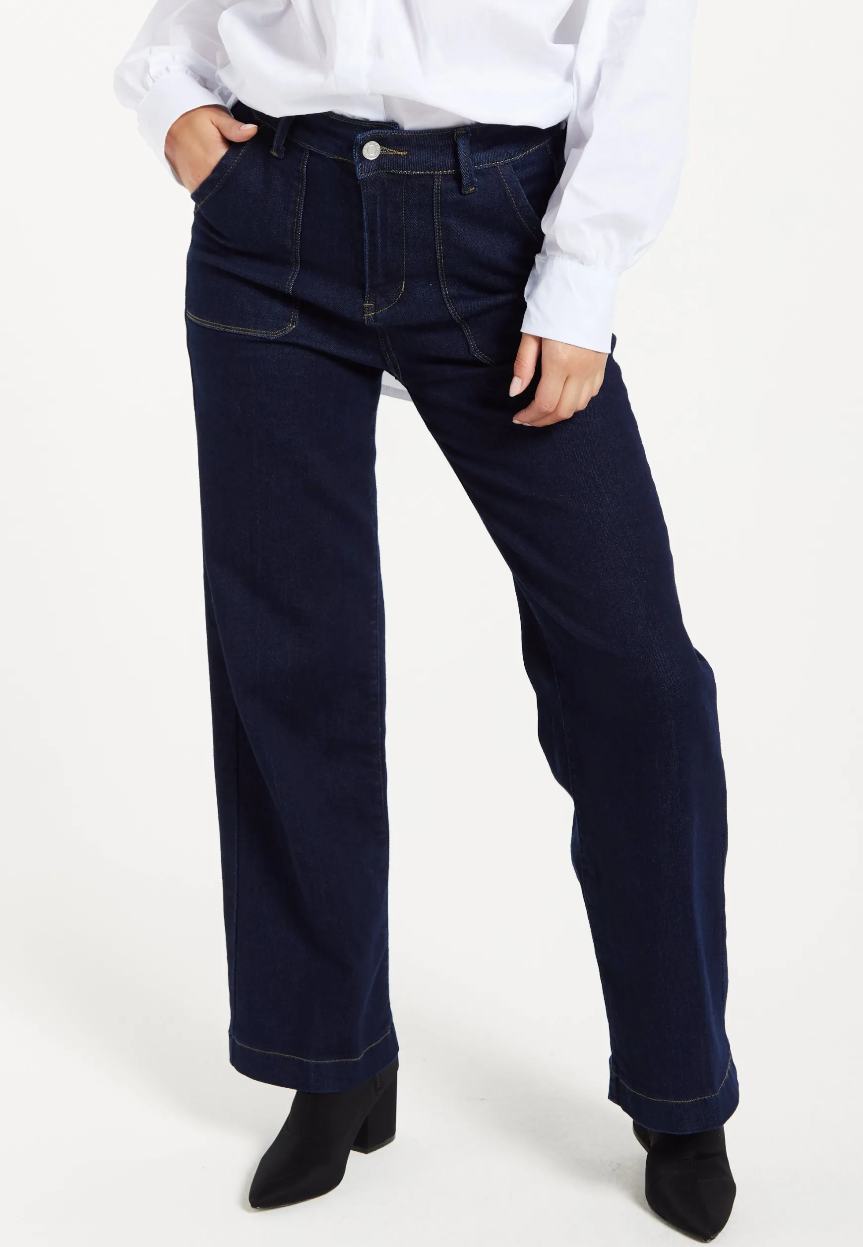 Women's Trousers: High-Waisted Dark Navy Wide-Leg Jeans with Deep Front Pockets, Clean Stitching - Liquorish