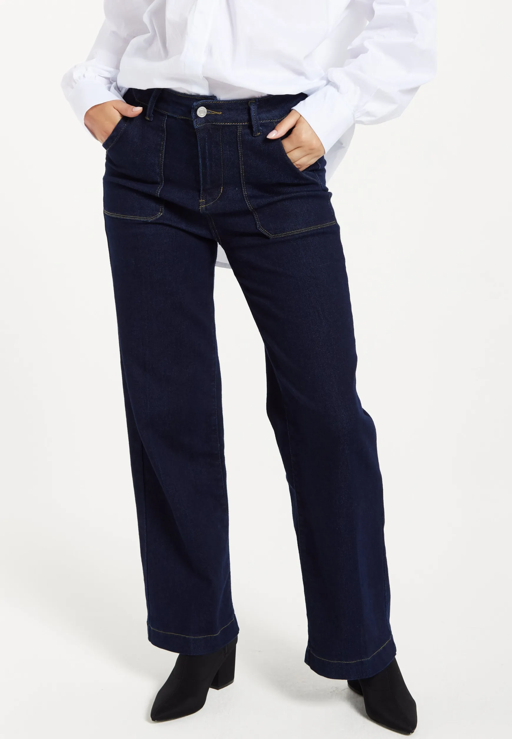 Women's Trousers: High-Waisted Dark Navy Wide-Leg Jeans with Deep Front Pockets, Clean Stitching - Liquorish