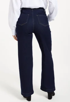 Women's Trousers: High-Waisted Dark Navy Wide-Leg Jeans with Deep Front Pockets, Clean Stitching - Liquorish