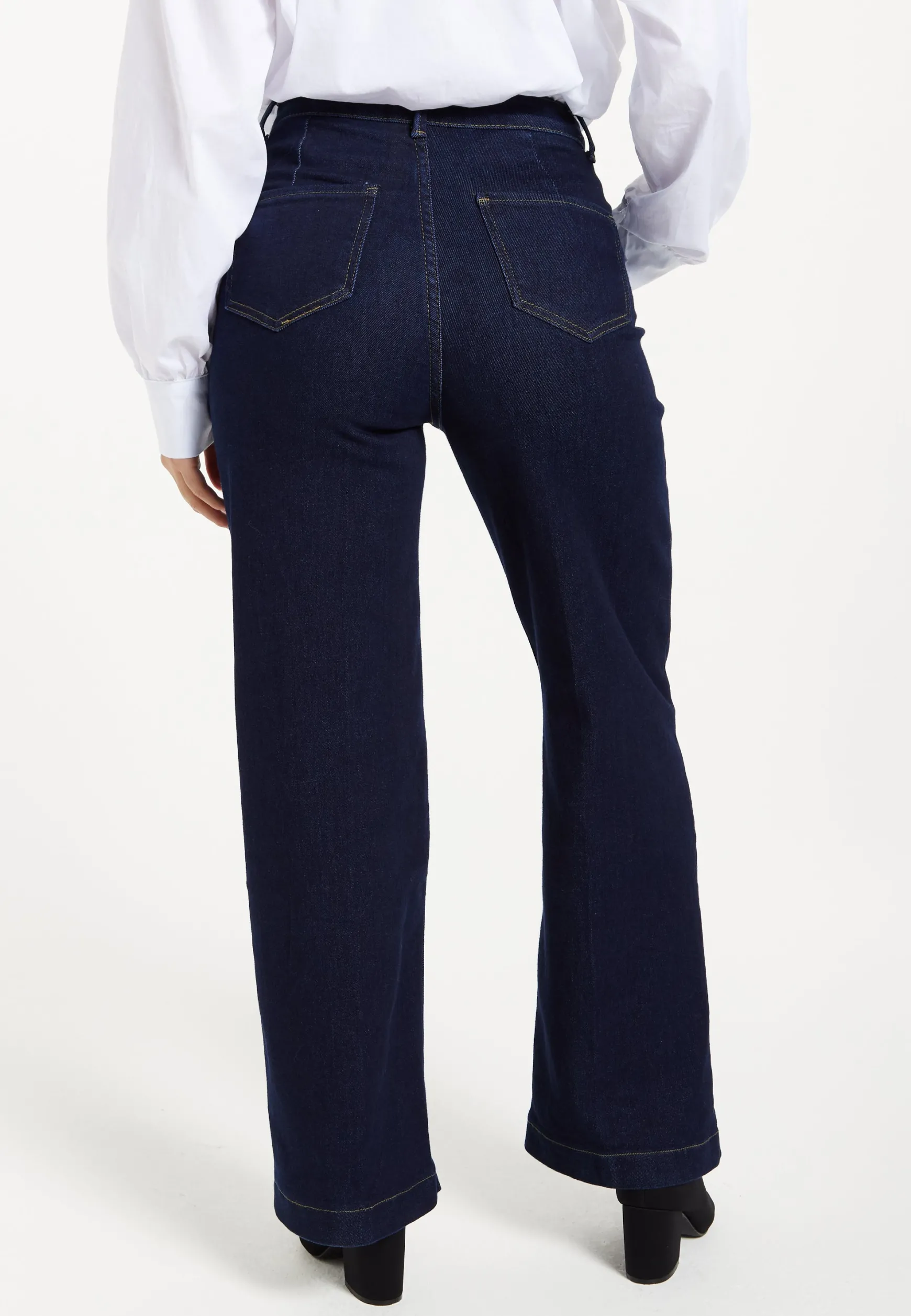 Women's Trousers: High-Waisted Dark Navy Wide-Leg Jeans with Deep Front Pockets, Clean Stitching - Liquorish