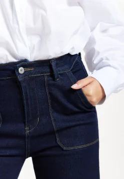 Women's Trousers: High-Waisted Dark Navy Wide-Leg Jeans with Deep Front Pockets, Clean Stitching - Liquorish