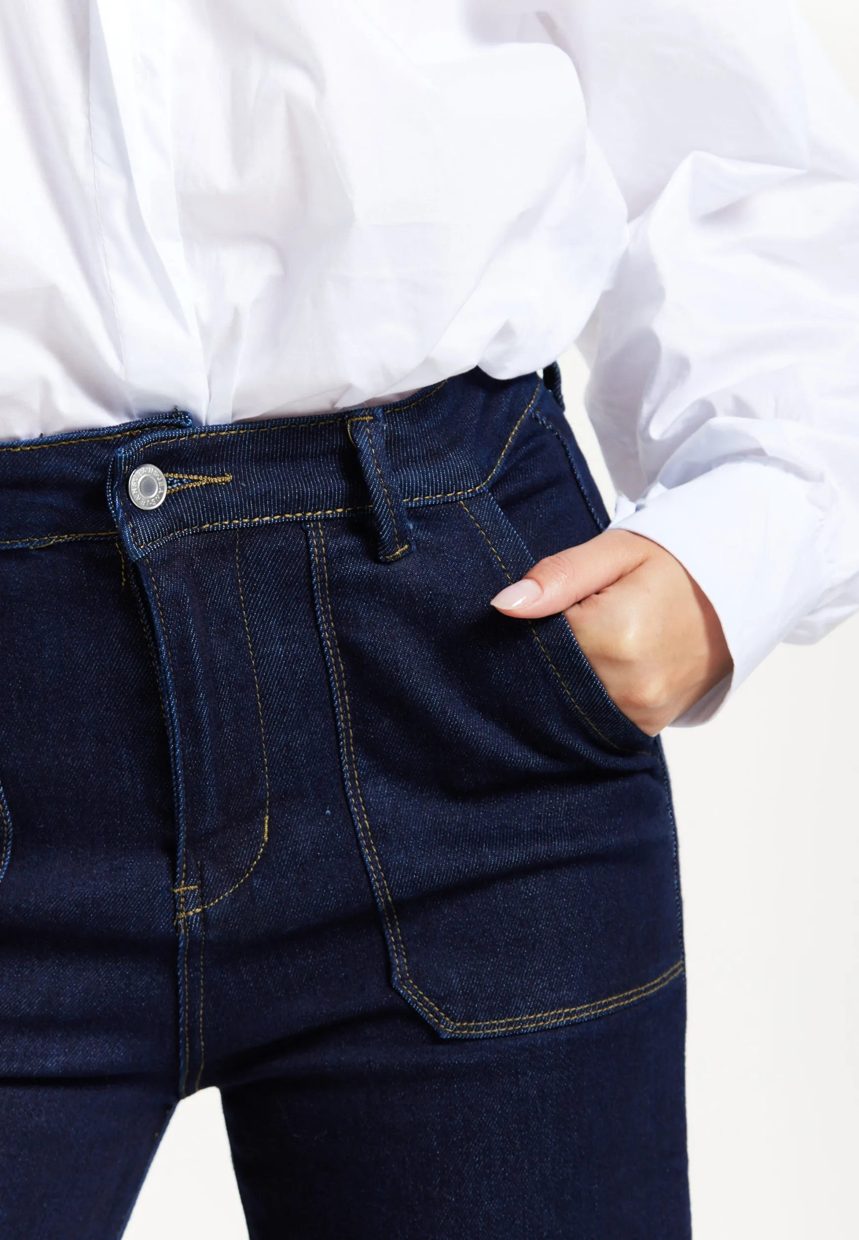 Women's Trousers: High-Waisted Dark Navy Wide-Leg Jeans with Deep Front Pockets, Clean Stitching - Liquorish