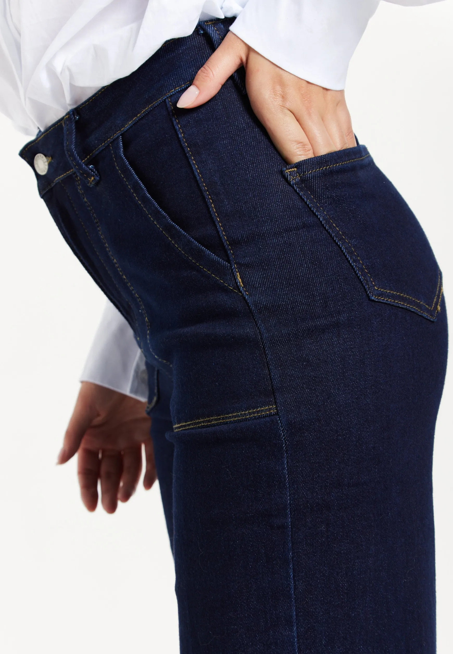 Women's Trousers: High-Waisted Dark Navy Wide-Leg Jeans with Deep Front Pockets, Clean Stitching - Liquorish