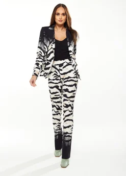 Women's Trousers in Black & White Ombre Zebra Print with Side Zip Closure - Liquorish