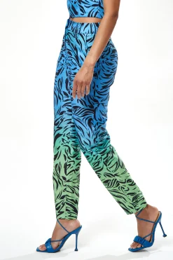 Women's Trousers in Blue and Green Ombre Zebra Print with Flare Leg - Tailored Fit by Liquorish