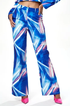 Women's Trousers in Blue, White & Pink Graphic Print with High Rise and Narrow Waistband - Liquorish
