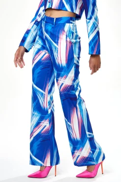 Women's Trousers in Blue, White & Pink Graphic Print with High Rise and Narrow Waistband - Liquorish