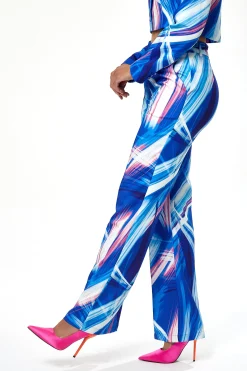 Women's Trousers in Blue, White & Pink Graphic Print with High Rise and Narrow Waistband - Liquorish