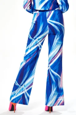Women's Trousers in Blue, White & Pink Graphic Print with High Rise and Narrow Waistband - Liquorish