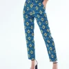 Women's Trousers in Blue, Yellow & Navy with Geometric African Print, High Waisted & Tailored Fit by Liquorish