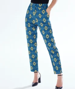 Women's Trousers in Blue, Yellow & Navy with Geometric African Print, High Waisted & Tailored Fit by Liquorish