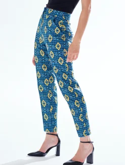 Women's Trousers in Blue, Yellow & Navy with Geometric African Print, High Waisted & Tailored Fit by Liquorish