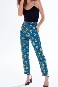 Women's Trousers in Blue, Yellow & Navy with Geometric African Print, High Waisted & Tailored Fit by Liquorish