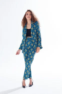 Women's Trousers in Blue, Yellow & Navy with Geometric African Print, High Waisted & Tailored Fit by Liquorish