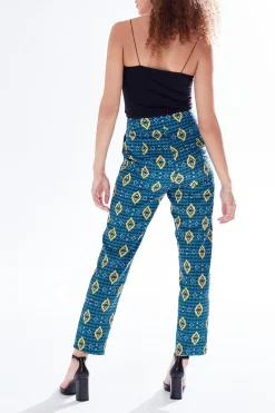 Women's Trousers in Blue, Yellow & Navy with Geometric African Print, High Waisted & Tailored Fit by Liquorish