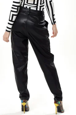 Women's Trousers in Classic Black with Pleated Detail and Tapered Fit - Stylish Leather Look by Liquorish